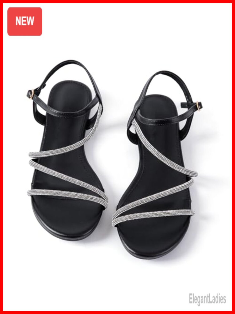 Rhinestone Gladiator Flat Sandals - Adjustable Ankle Strap Dressy Summer